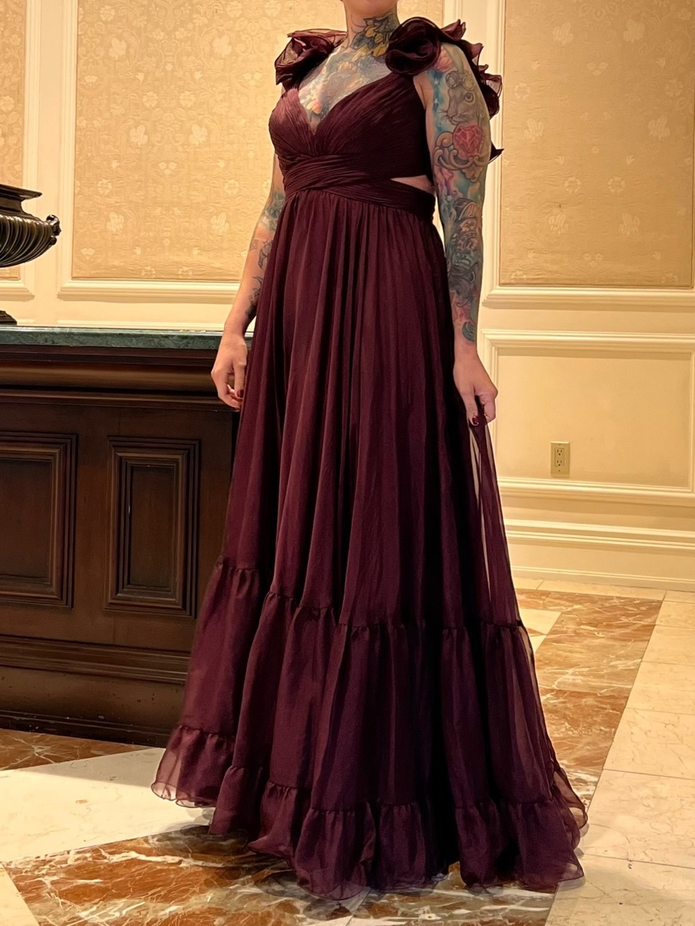 Mac Duggal Deep Burgundy Ruffle-Shoulder Maxi Dress